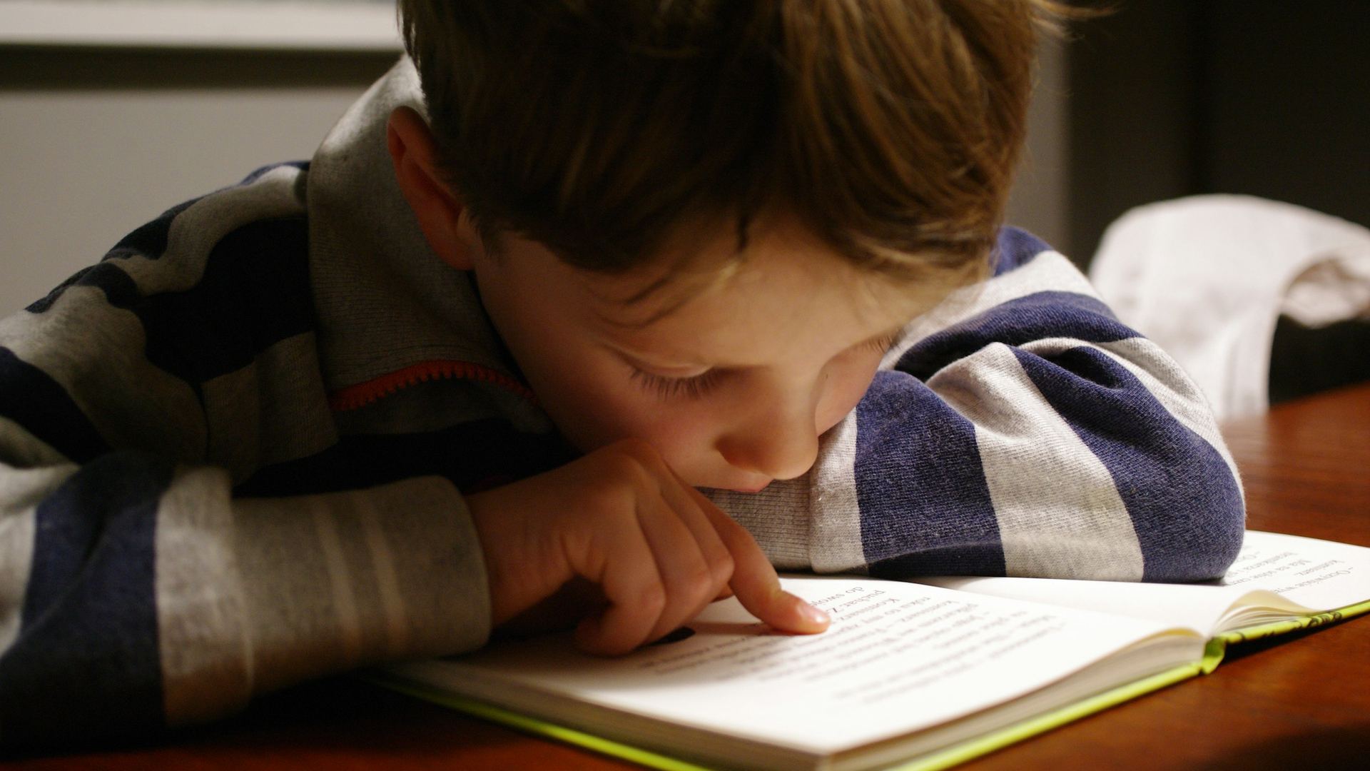 A boy reads a book at a table