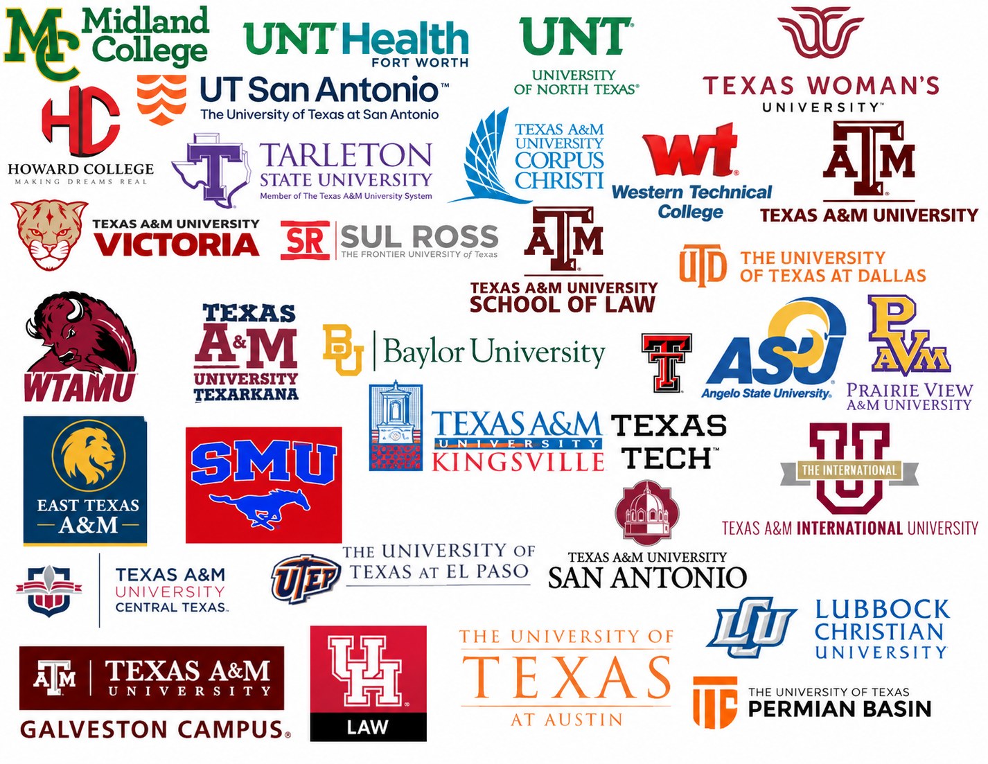 Logos of colleges and universities across Texas connected with The WHIT Program, including Angelo State, Texas Tech, Texas A&M campuses, UT campuses, SMU, Baylor, TWU and more