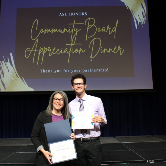 WHIT tutor and ASU Honors member Clay Loper with Rebekah Beltran WHIT Director of Development ASU Honors Community Board Appreciation Dinner 2023